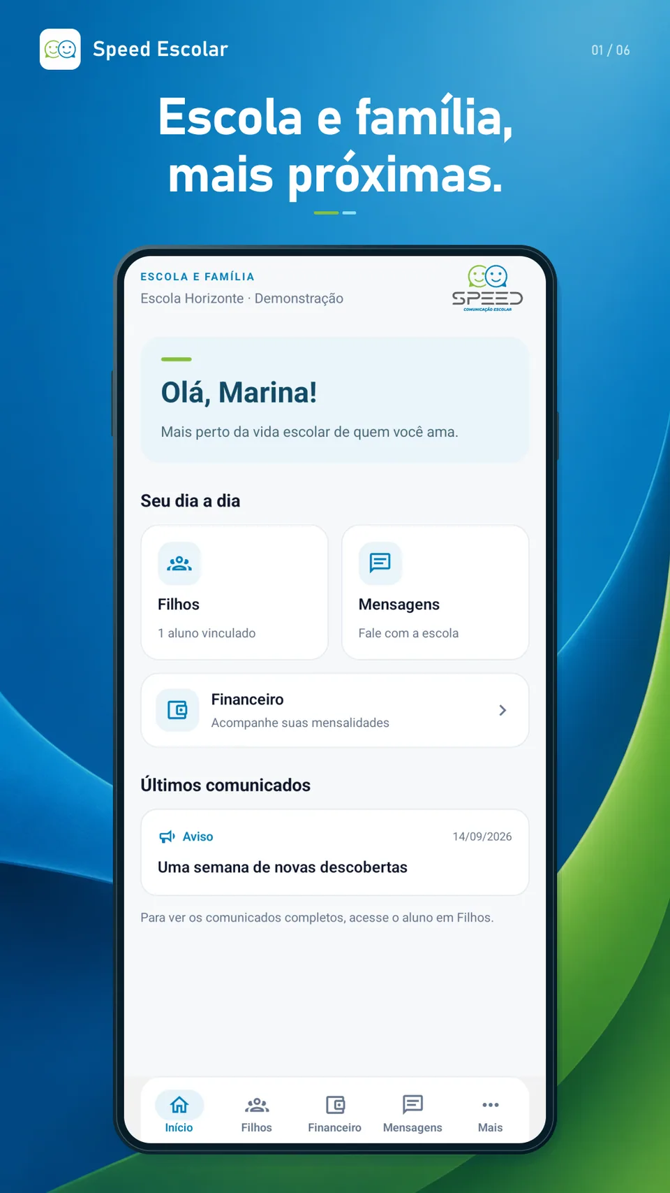 Tela do aplicativo Speed Comunicação Escolar — App